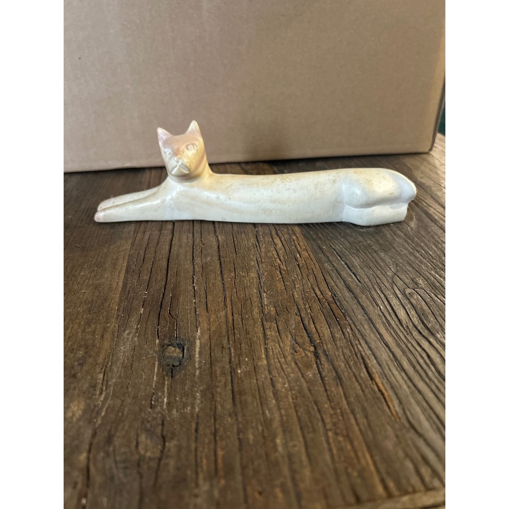Vintage Hand Carved Stone Cat Figurine Reclining Feline Sculpture 9 Inch